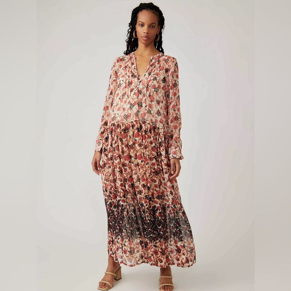 Free People See It Through chiffon maxi dress in neutral print—size S